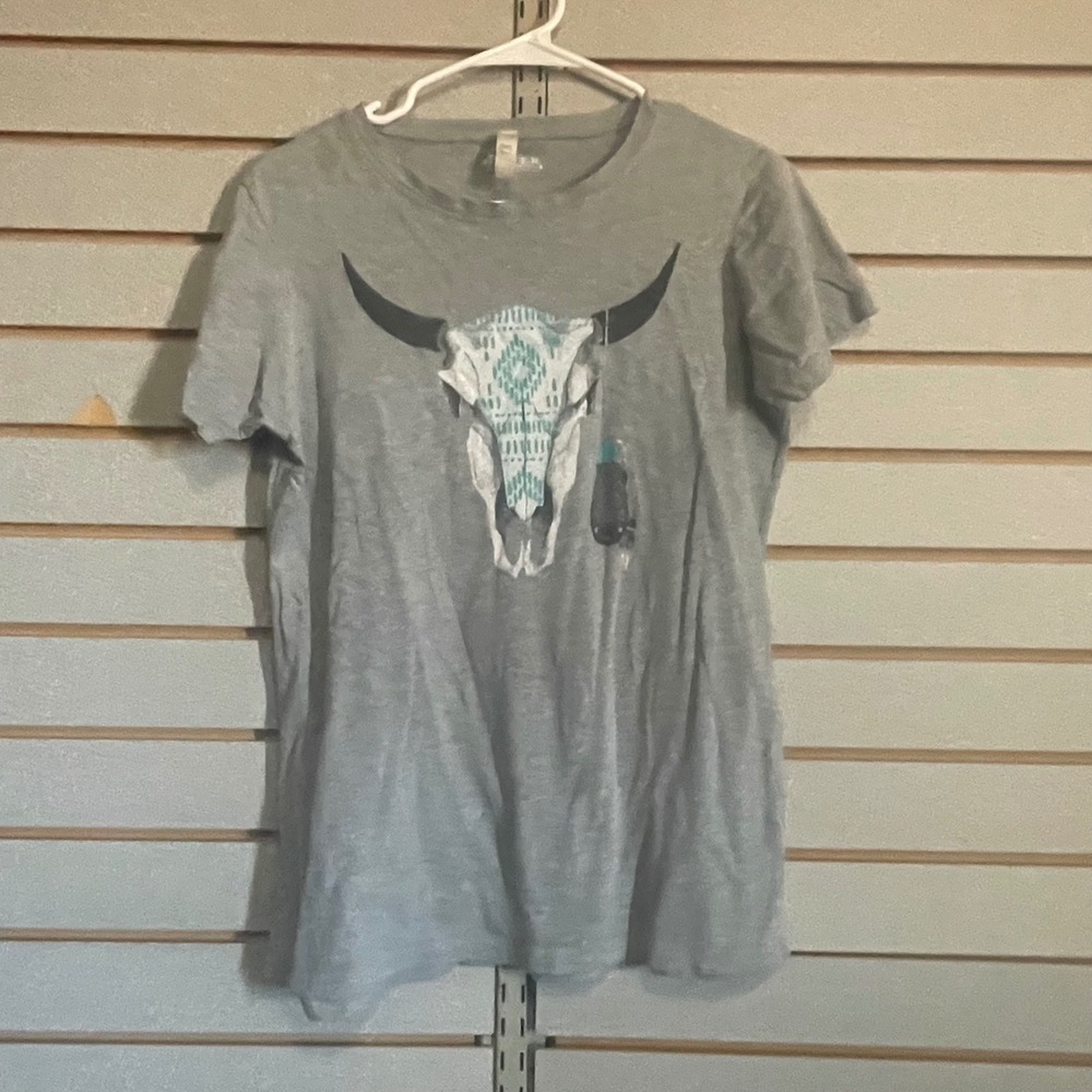 Roper Womens Heather Grey Western Steer Skull Graphic T-Shirt Large Short Sleeve - Picture 1 of 4